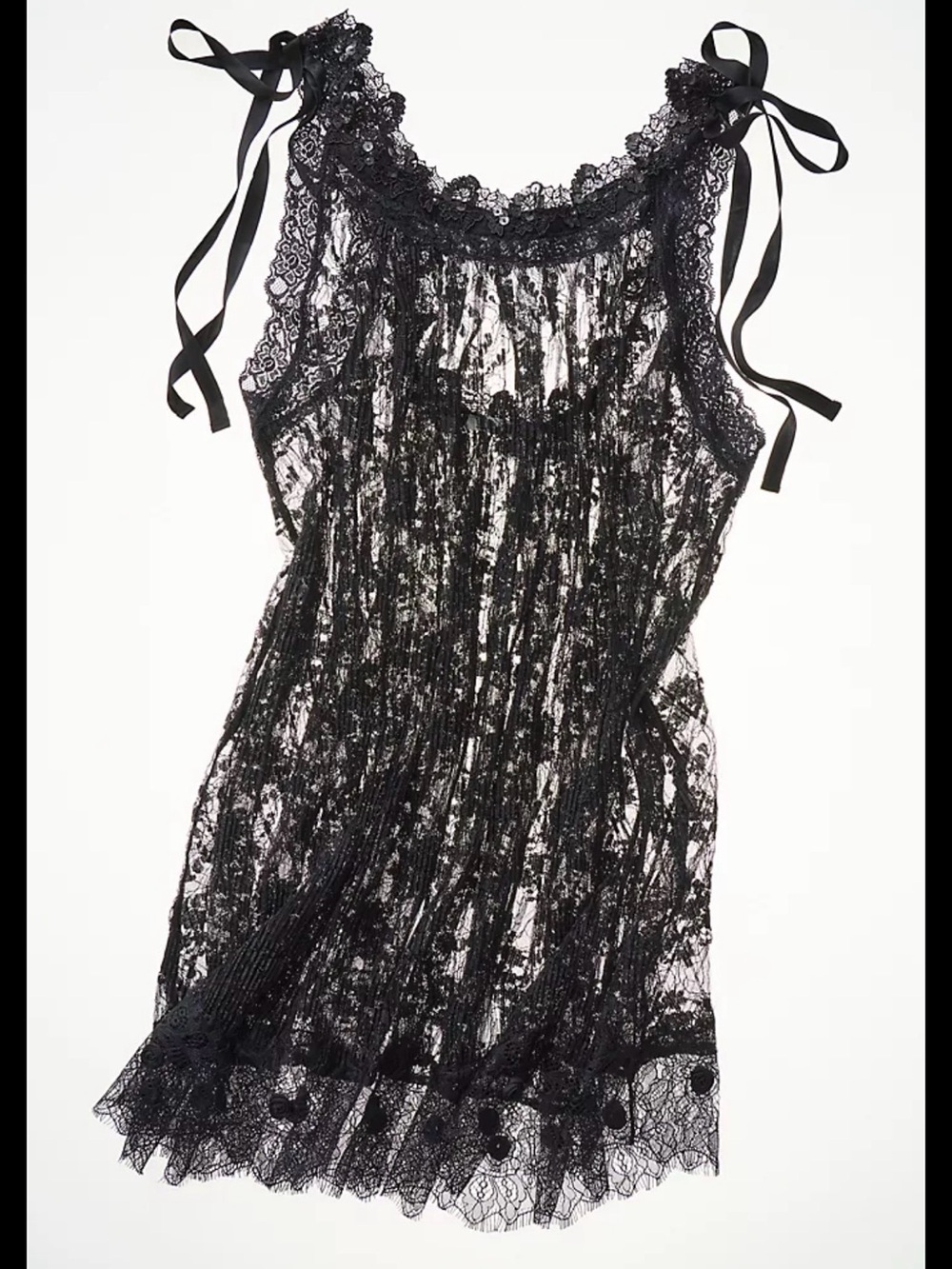 NWT Free People Black Lace Semi-Sheer Slip with Ribbon Tie Straps